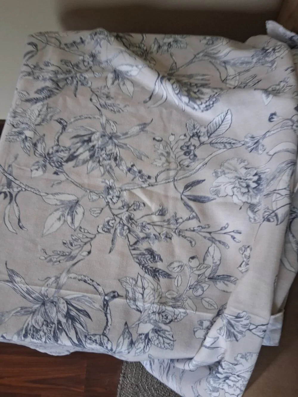 Grey Background with Blue/White Floral 50W x 95L UNLINED Linen Blend Drapes